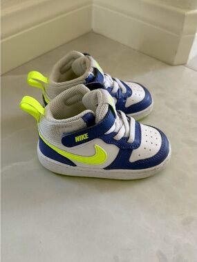 Nike Kids White, Navy & Neon Yellow High-Top Sneakers